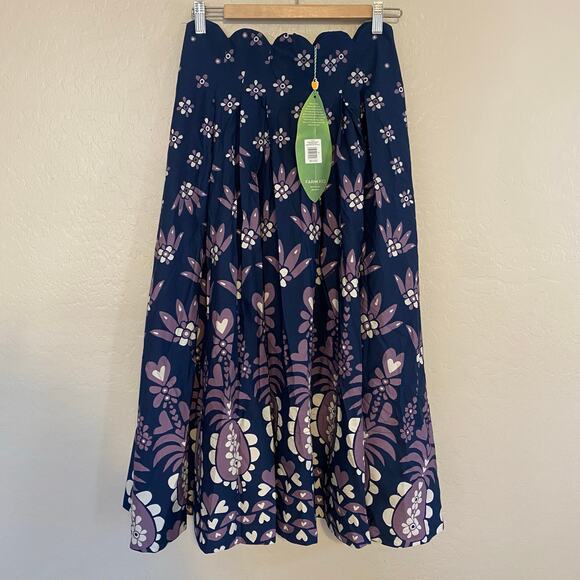 Farm Rio Ainika Martina Dark Blue Midi Skirt Pineapple 100% Cotton Scalloped - Picture 3 of 7